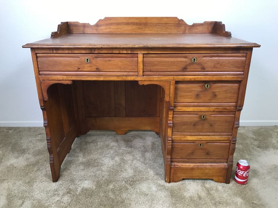 Small Antique Wooden Desk In Excellent Condition With Lockable Drawers Missing Drawer Pulls 40'W X 23'D X 34'H [Photo 1]