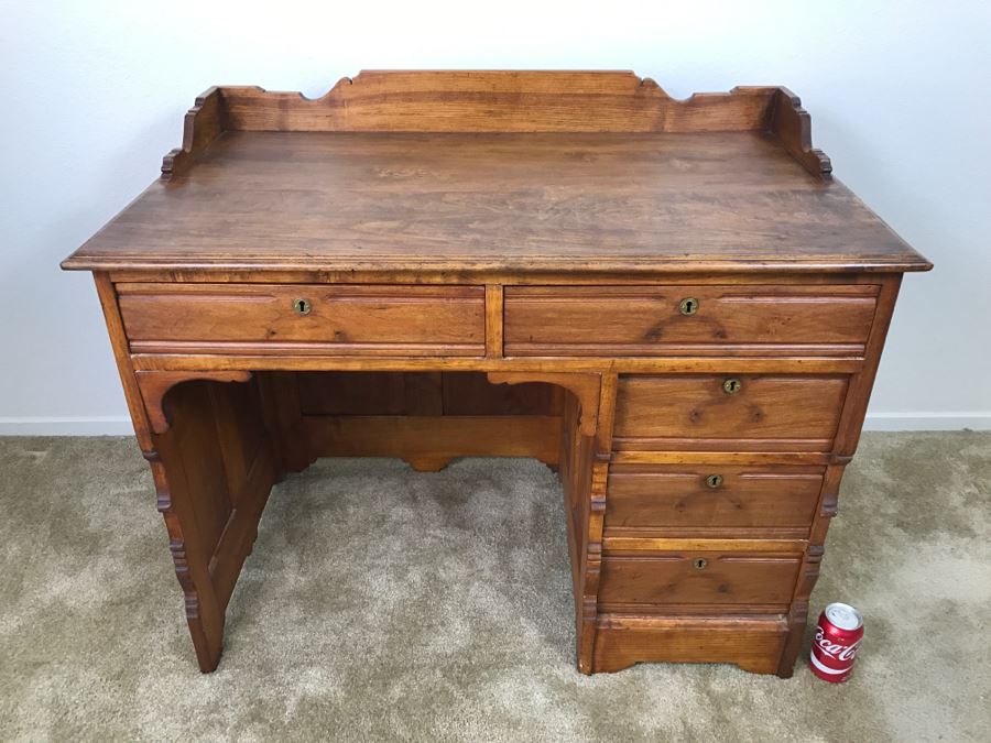 Small Antique Wooden Desk In Excellent Condition With Lockable Drawers Missing Drawer Pulls 40'W X 23'D X 34'H [Photo 4]