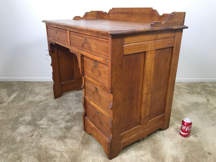 Small Antique Wooden Desk In Excellent Condition With Lockable Drawers Missing Drawer Pulls 40'W X 23'D X 34'H [Photo 2]