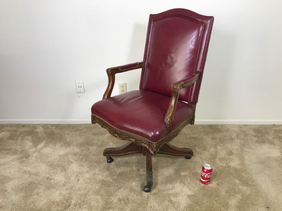 Vintage Leather And Carved Wood Executive Office Desk Chair On Casters 24'W X 22'D X 43'H [Photo 13]