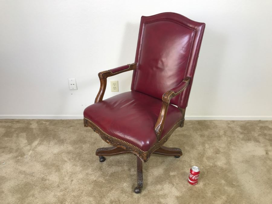 Vintage Leather And Carved Wood Executive Office Desk Chair On Casters   23353 8qjd 