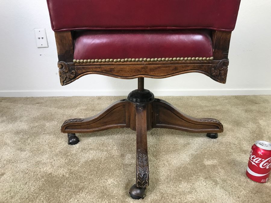 Vintage Leather And Carved Wood Executive Office Desk Chair On Casters 24'W X 22'D X 43'H [Photo 12]