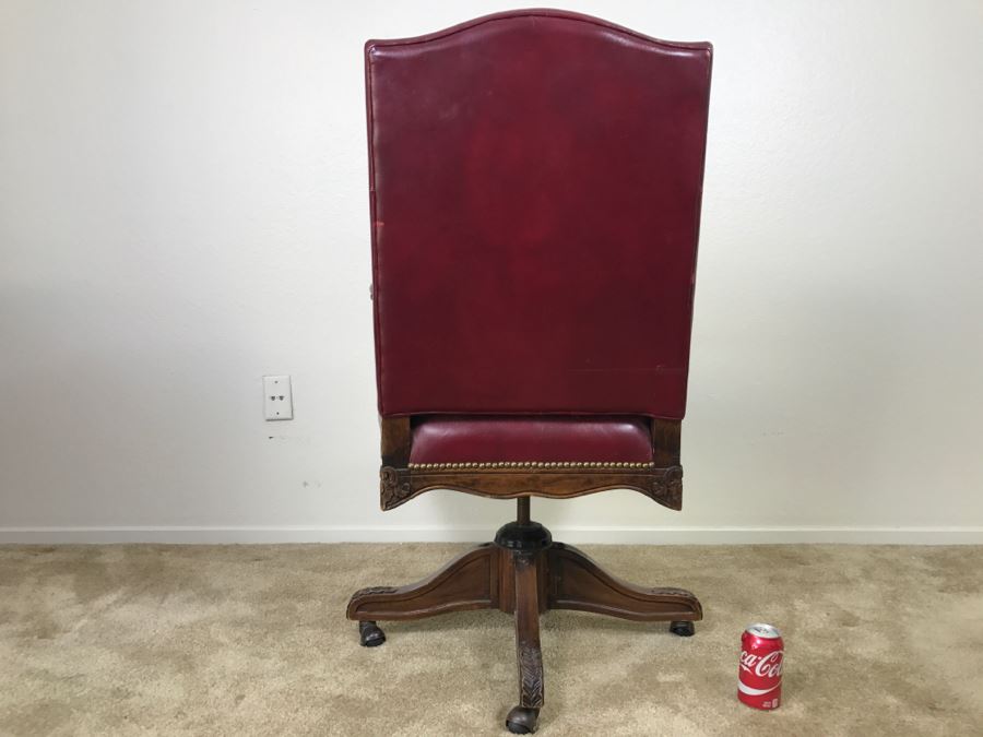 Vintage Leather And Carved Wood Executive Office Desk Chair On Casters 24'W X 22'D X 43'H [Photo 11]