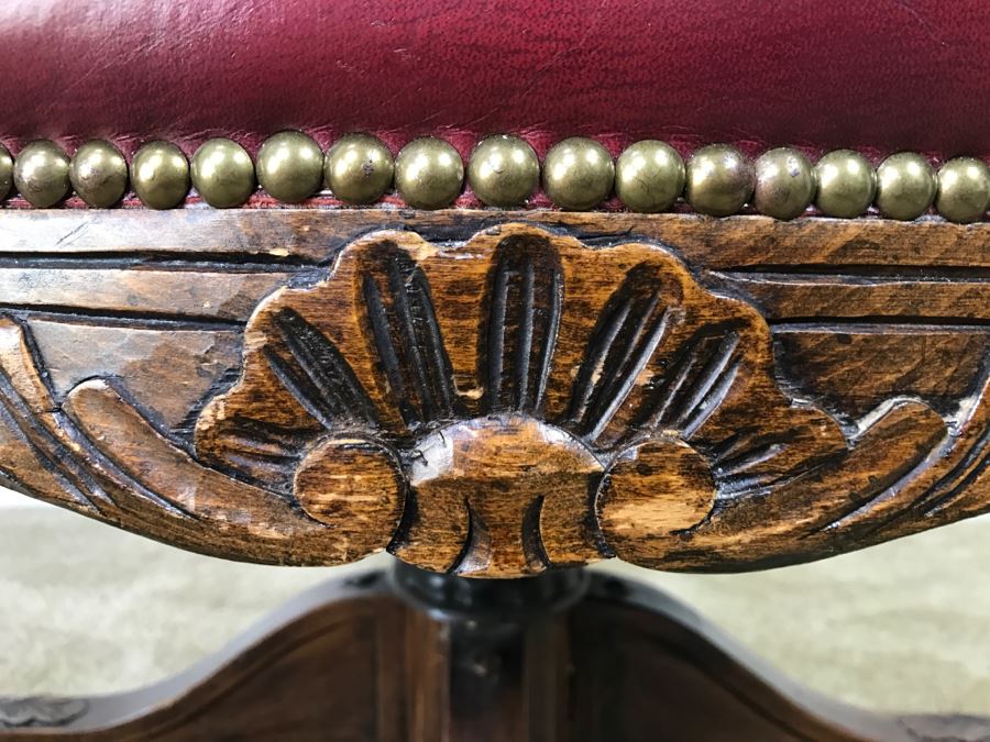 Vintage Leather And Carved Wood Executive Office Desk Chair On Casters 24'W X 22'D X 43'H [Photo 7]