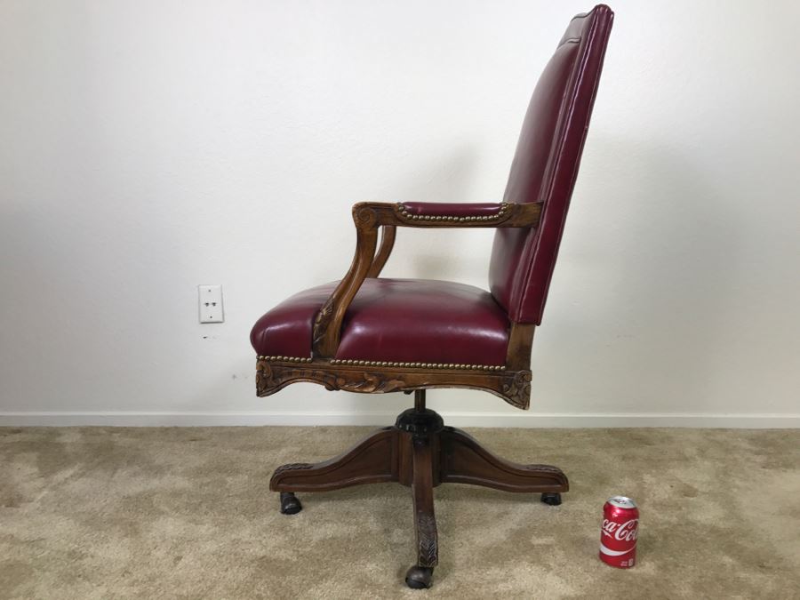 Vintage Leather And Carved Wood Executive Office Desk Chair On Casters 24'W X 22'D X 43'H [Photo 9]