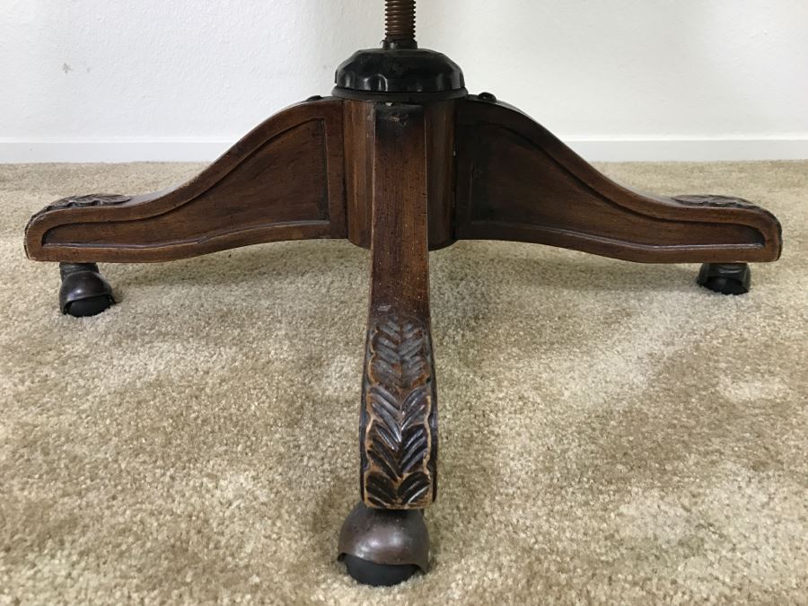 Vintage Leather And Carved Wood Executive Office Desk Chair On Casters 24'W X 22'D X 43'H [Photo 4]