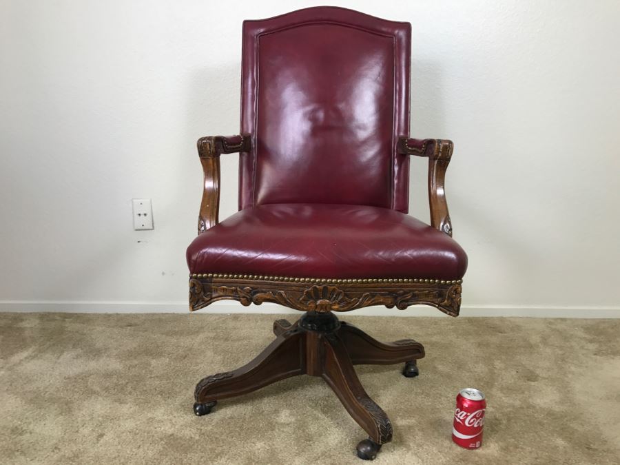 Vintage Leather And Carved Wood Executive Office Desk Chair On Casters 24'W X 22'D X 43'H [Photo 2]
