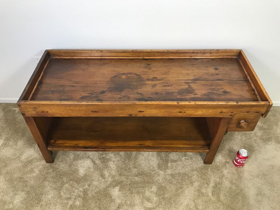 Antique Long Bench Coffee Table With Lower Shelf And Long Drawer 49'W X 19'D X 22'H [Photo 5]