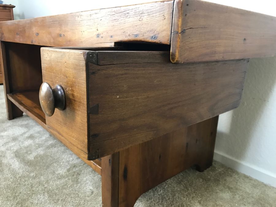 Antique Long Bench Coffee Table With Lower Shelf And Long Drawer 49'W X 19'D X 22'H [Photo 10]