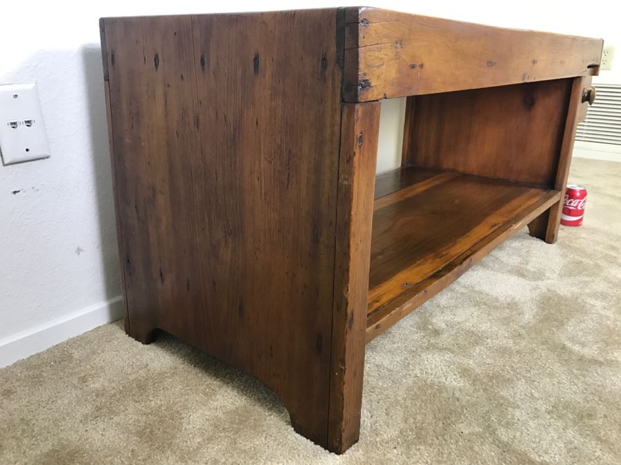 Antique Long Bench Coffee Table With Lower Shelf And Long Drawer 49'W X 19'D X 22'H [Photo 21]