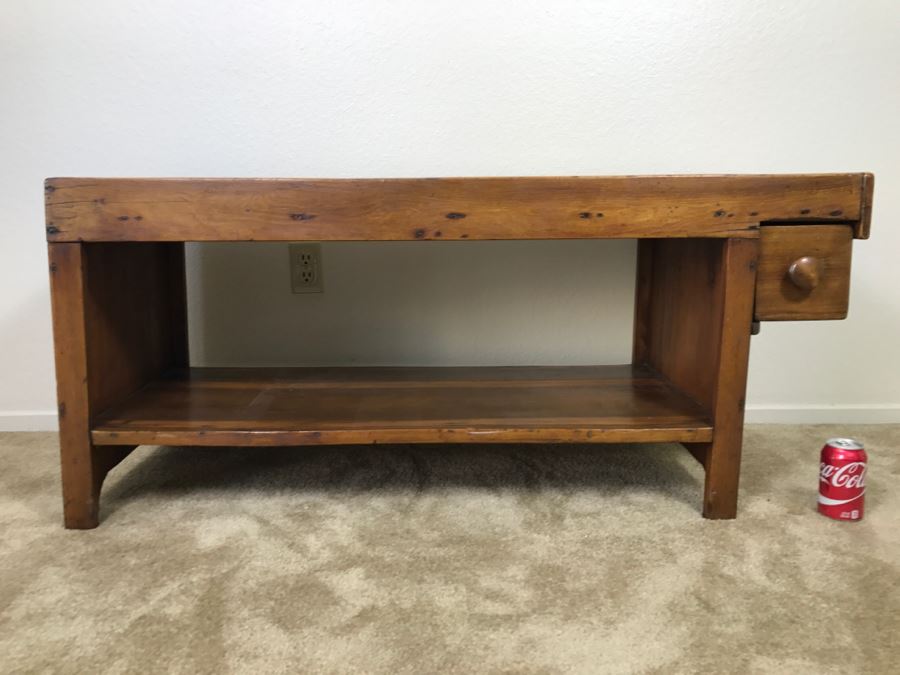 Antique Long Bench Coffee Table With Lower Shelf And Long Drawer 49'W X 19'D X 22'H [Photo 3]
