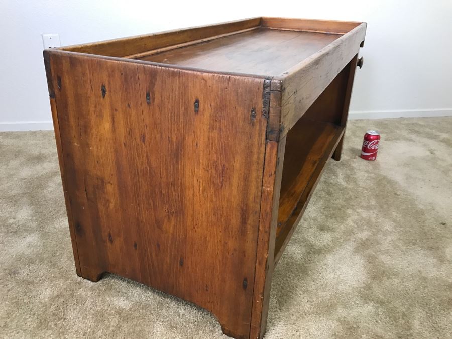 Antique Long Bench Coffee Table With Lower Shelf And Long Drawer 49'W X 19'D X 22'H [Photo 2]