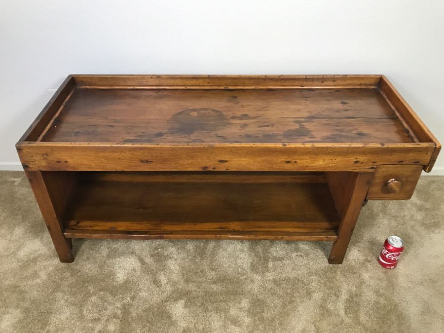 Antique Long Bench Coffee Table With Lower Shelf And Long Drawer 49'W X 19'D X 22'H [Photo 4]