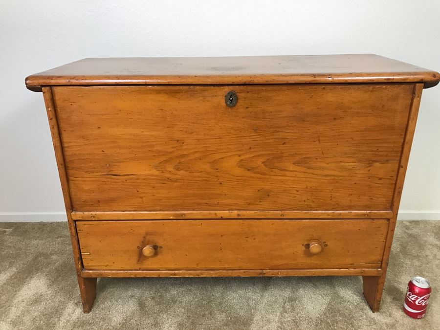 Early American Primitive Antique Pine Chest With Lower Drawer - Attached To Back Of Chest Are Newspaper Clippings About Liberation Of PERU War Dated 1825 - See Photos [Photo 4]