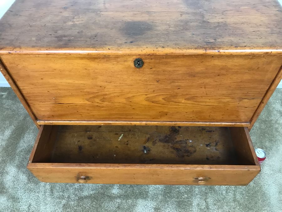 Early American Primitive Antique Pine Chest With Lower Drawer - Attached To Back Of Chest Are Newspaper Clippings About Liberation Of PERU War Dated 1825 - See Photos [Photo 12]