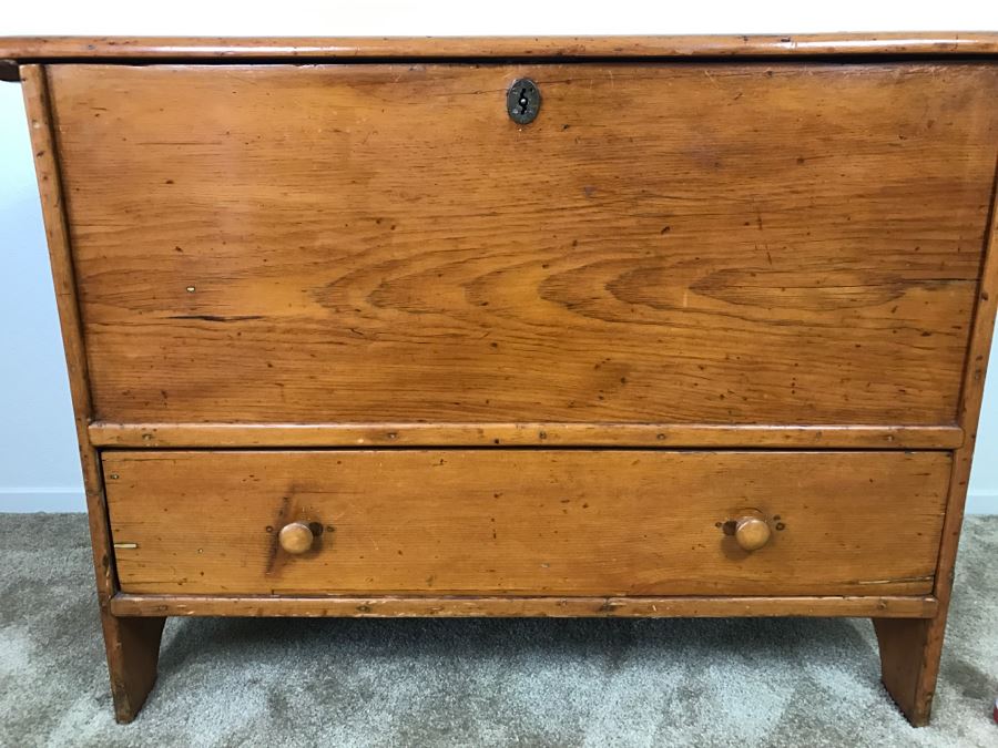 Early American Primitive Antique Pine Chest With Lower Drawer - Attached To Back Of Chest Are Newspaper Clippings About Liberation Of PERU War Dated 1825 - See Photos [Photo 5]