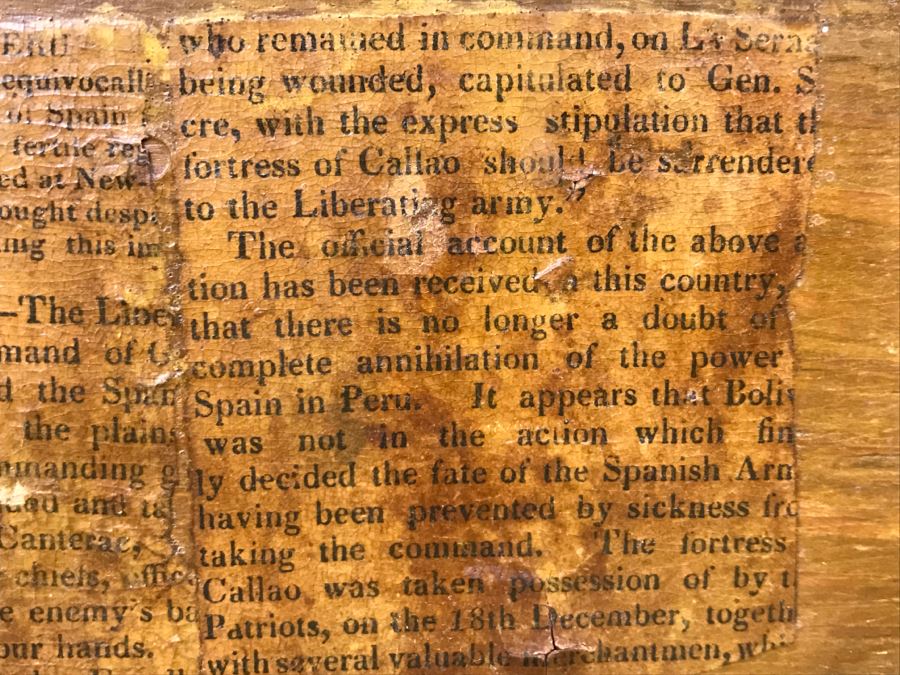 Early American Primitive Antique Pine Chest With Lower Drawer - Attached To Back Of Chest Are Newspaper Clippings About Liberation Of PERU War Dated 1825 - See Photos [Photo 39]