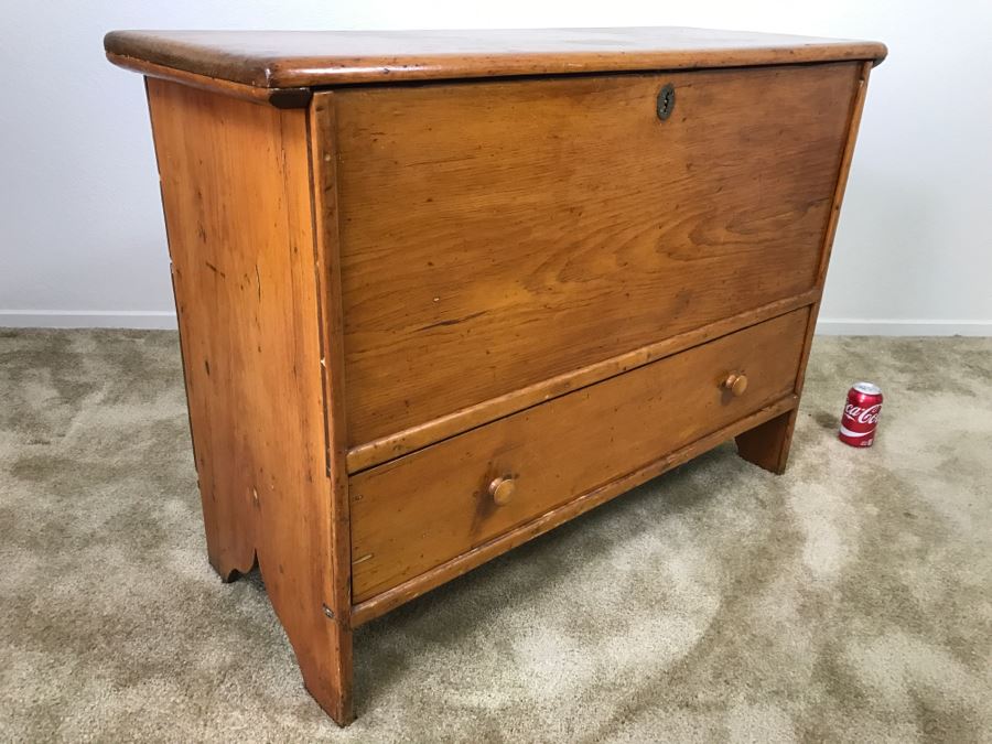 Early American Primitive Antique Pine Chest With Lower Drawer - Attached To Back Of Chest Are Newspaper Clippings About Liberation Of PERU War Dated 1825 - See Photos [Photo 47]