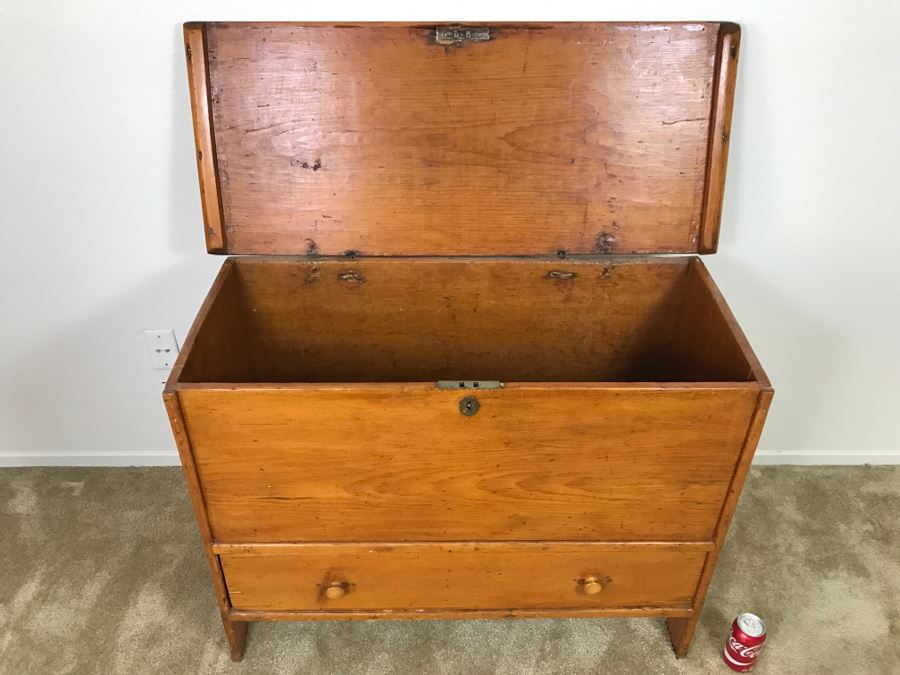 Early American Primitive Antique Pine Chest With Lower Drawer - Attached To Back Of Chest Are Newspaper Clippings About Liberation Of PERU War Dated 1825 - See Photos [Photo 1]