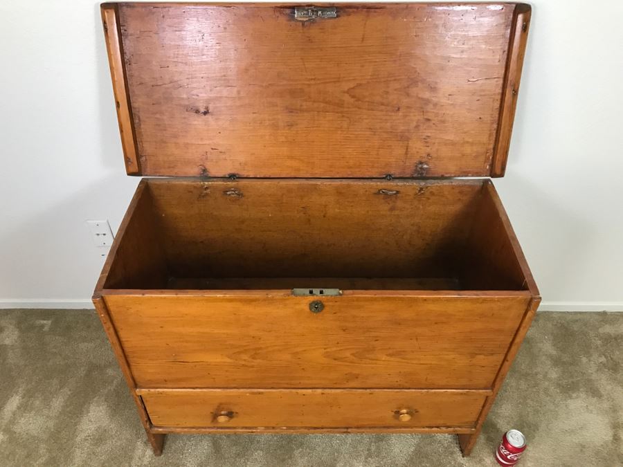 Early American Primitive Antique Pine Chest With Lower Drawer - Attached To Back Of Chest Are Newspaper Clippings About Liberation Of PERU War Dated 1825 - See Photos [Photo 17]
