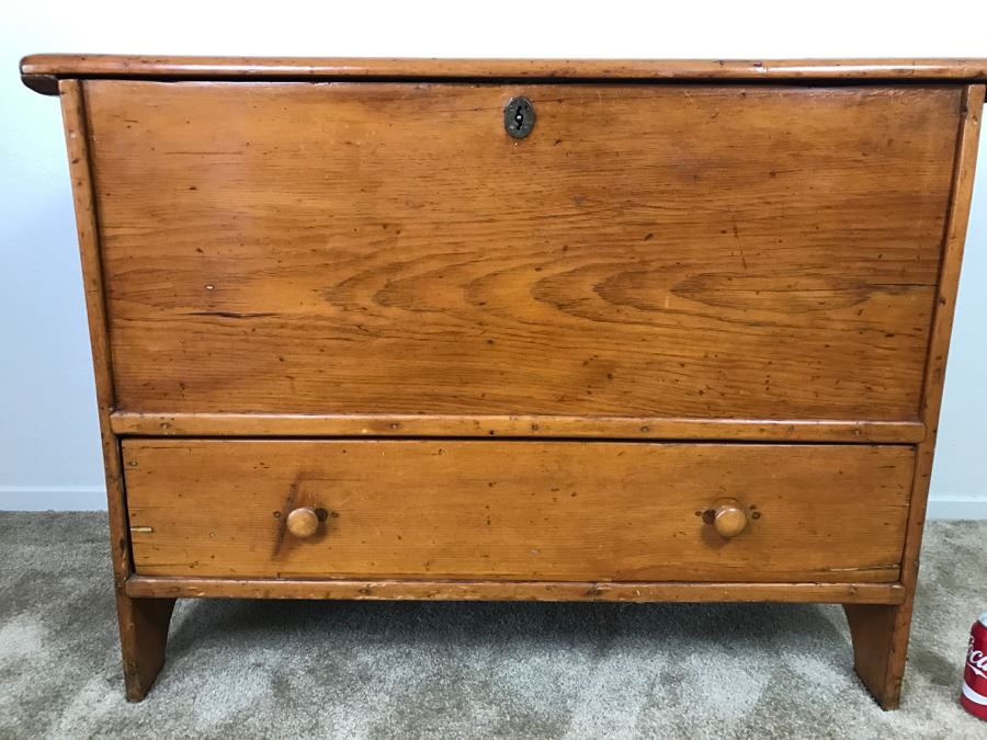 Early American Primitive Antique Pine Chest With Lower Drawer - Attached To Back Of Chest Are Newspaper Clippings About Liberation Of PERU War Dated 1825 - See Photos [Photo 6]