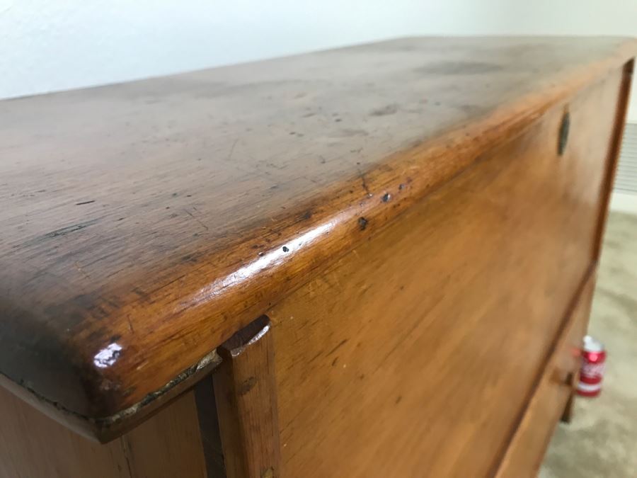 Early American Primitive Antique Pine Chest With Lower Drawer - Attached To Back Of Chest Are Newspaper Clippings About Liberation Of PERU War Dated 1825 - See Photos [Photo 9]