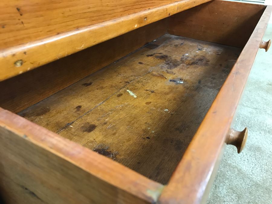 Early American Primitive Antique Pine Chest With Lower Drawer - Attached To Back Of Chest Are Newspaper Clippings About Liberation Of PERU War Dated 1825 - See Photos [Photo 14]