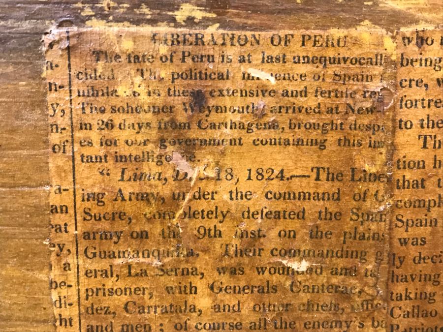 Early American Primitive Antique Pine Chest With Lower Drawer - Attached To Back Of Chest Are Newspaper Clippings About Liberation Of PERU War Dated 1825 - See Photos [Photo 37]