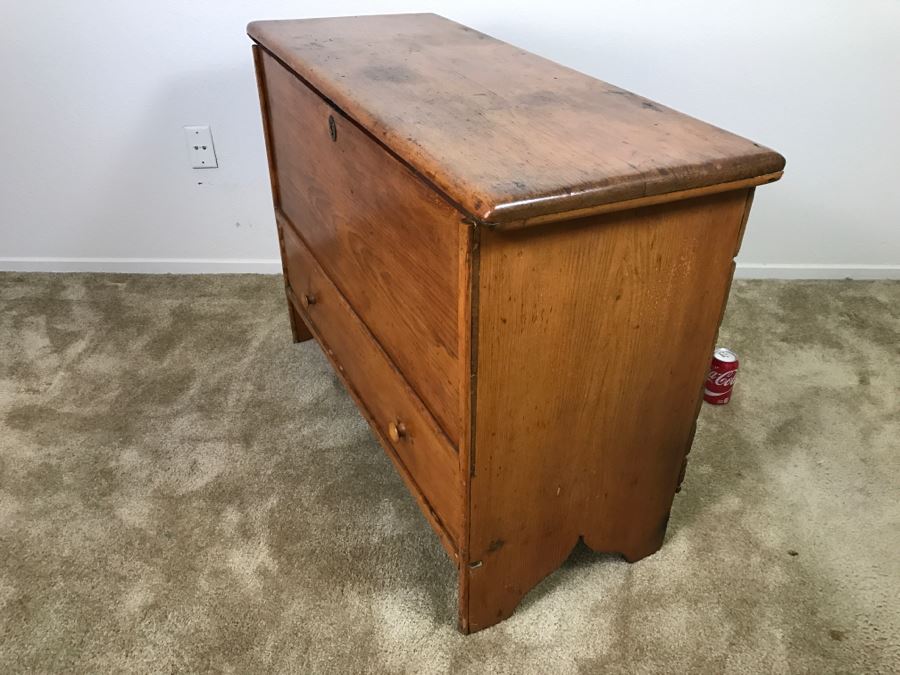 Early American Primitive Antique Pine Chest With Lower Drawer - Attached To Back Of Chest Are Newspaper Clippings About Liberation Of PERU War Dated 1825 - See Photos [Photo 28]