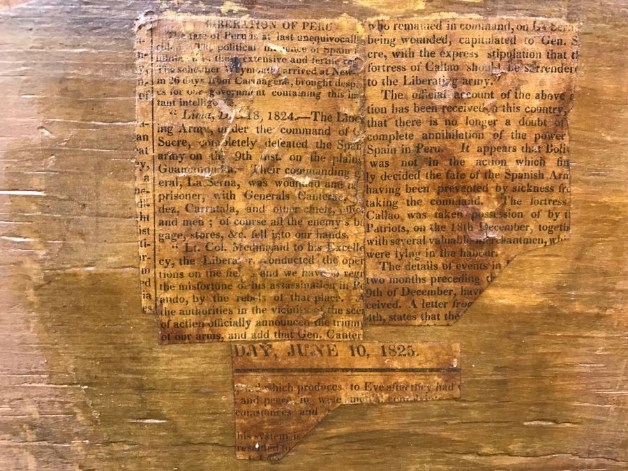 Early American Primitive Antique Pine Chest With Lower Drawer - Attached To Back Of Chest Are Newspaper Clippings About Liberation Of PERU War Dated 1825 - See Photos [Photo 2]
