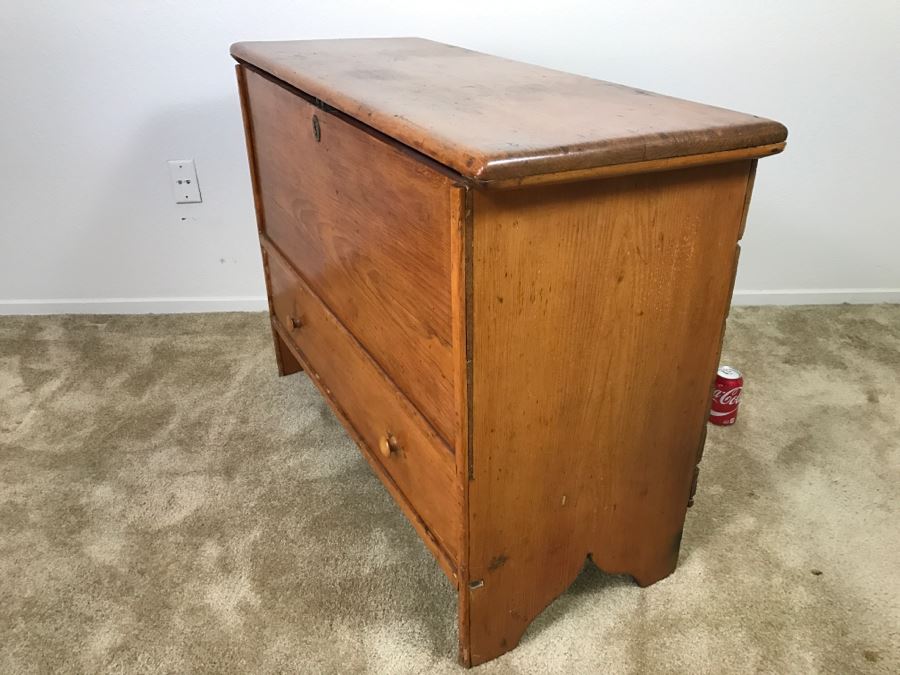 Early American Primitive Antique Pine Chest With Lower Drawer - Attached To Back Of Chest Are Newspaper Clippings About Liberation Of PERU War Dated 1825 - See Photos [Photo 27]