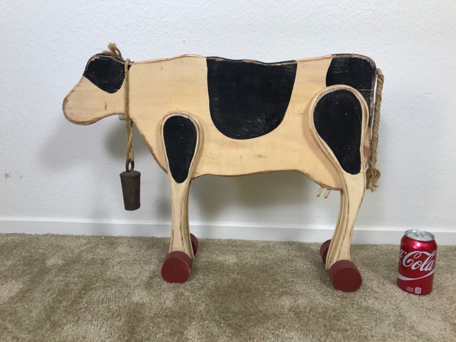 Hand Painted Wooden Cow On Rollers With Old Cow Bell [Photo 2]