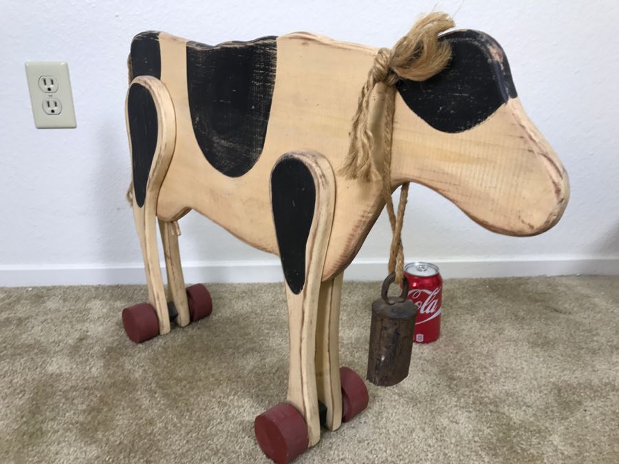 Hand Painted Wooden Cow On Rollers With Old Cow Bell [Photo 9]