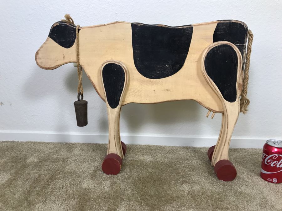 Hand Painted Wooden Cow On Rollers With Old Cow Bell