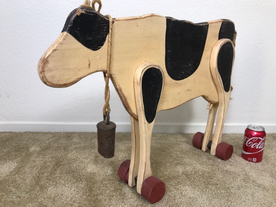 Hand Painted Wooden Cow On Rollers With Old Cow Bell [Photo 5]