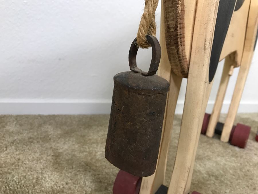Hand Painted Wooden Cow On Rollers With Old Cow Bell [Photo 7]