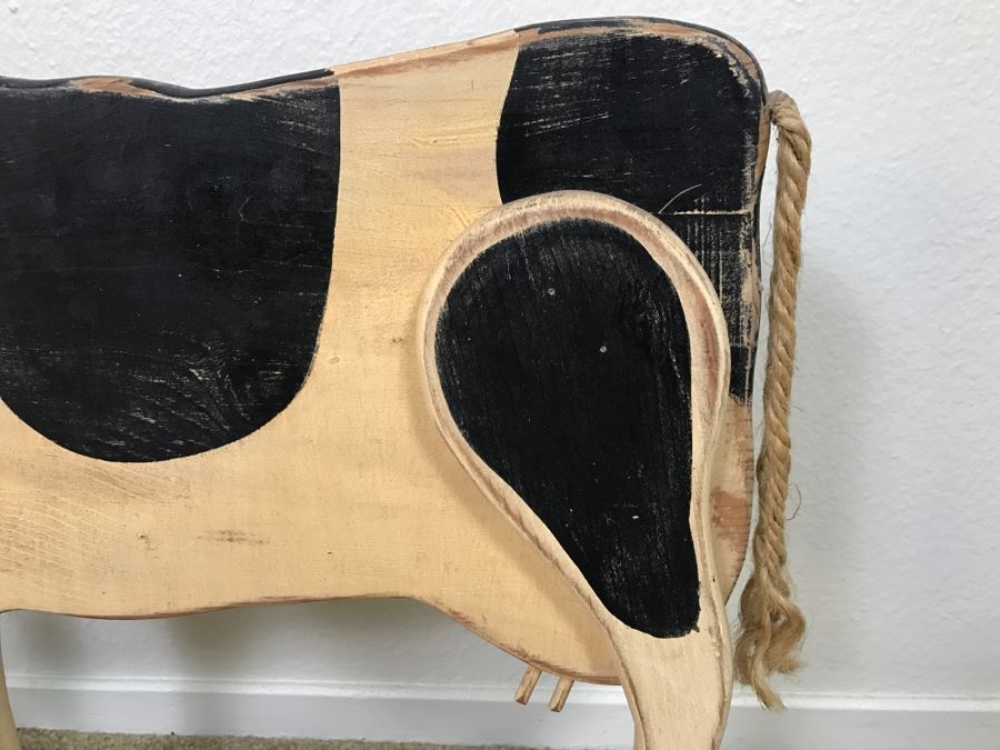 Hand Painted Wooden Cow On Rollers With Old Cow Bell [Photo 3]
