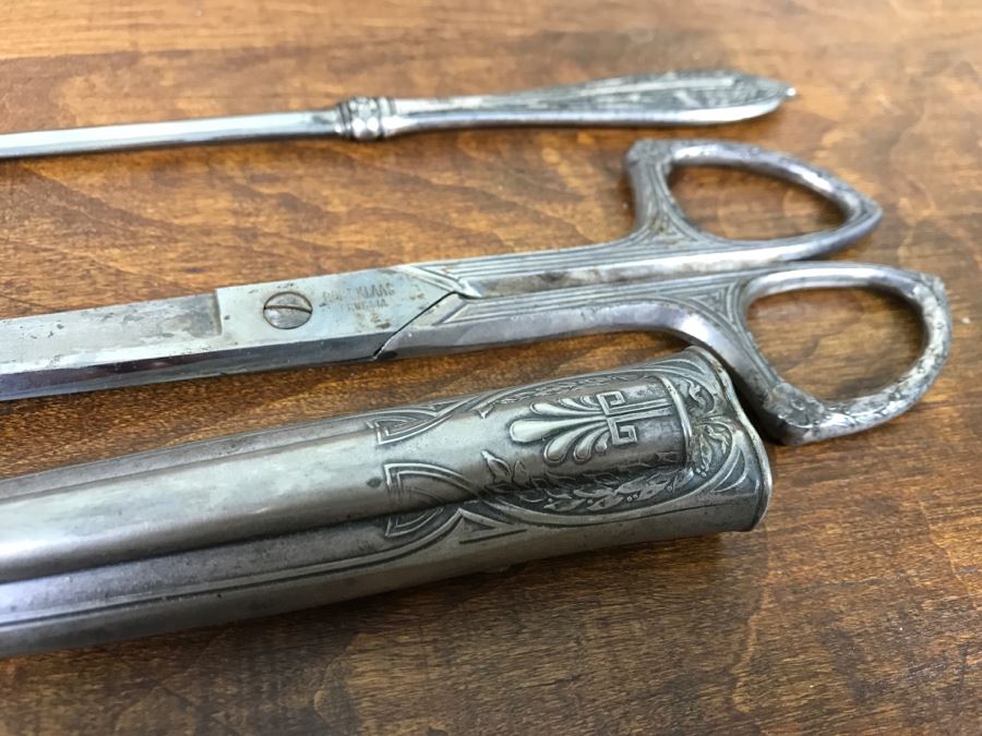 Ornate Antique Scissors And Letter Opener Set With Sheath Marked ROBT KLASS PRUSSIA [Photo 15]