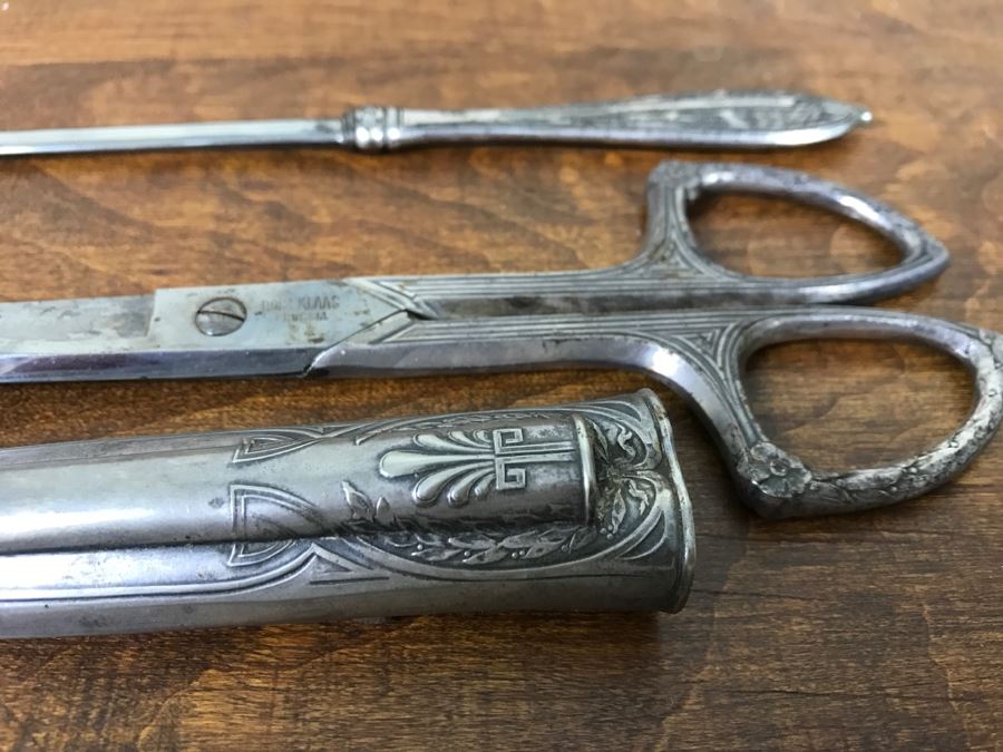 Ornate Antique Scissors And Letter Opener Set With Sheath Marked ROBT KLASS PRUSSIA [Photo 14]