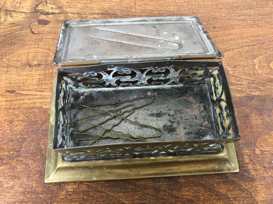 Ornate Old Brass Hair Pin Box