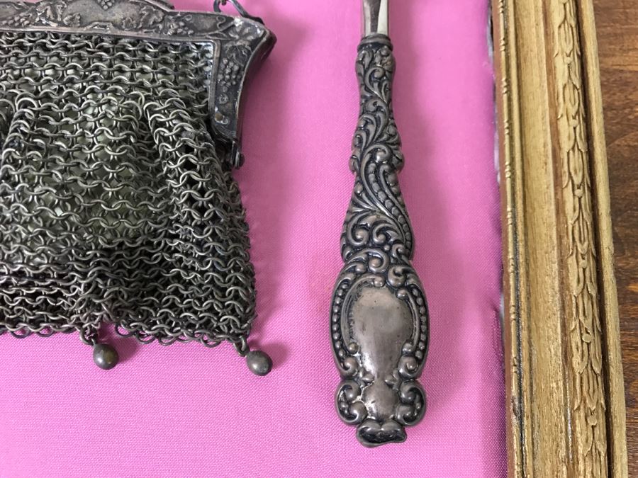 Nicely Framed Collection Of Vintage Women's Items Including Mesh Purse, Vintage Curling Iron And Letter Opener [Photo 4]