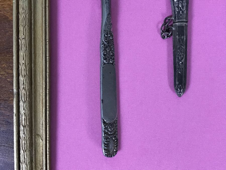 Nicely Framed Collection Of Vintage Women's Items Including Mesh Purse, Vintage Curling Iron And Letter Opener [Photo 11]