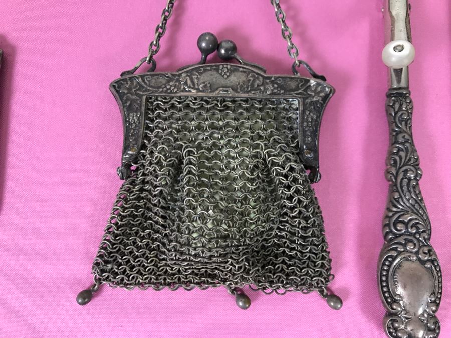 Nicely Framed Collection Of Vintage Women's Items Including Mesh Purse, Vintage Curling Iron And Letter Opener [Photo 3]