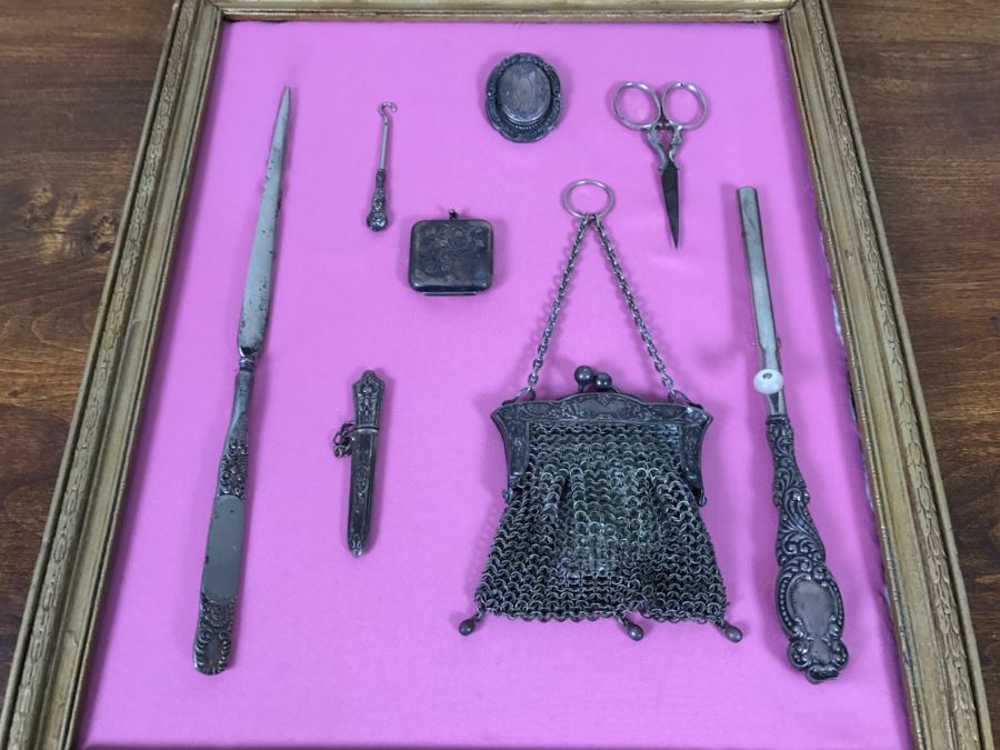 Nicely Framed Collection Of Vintage Women's Items Including Mesh Purse, Vintage Curling Iron And Letter Opener [Photo 2]