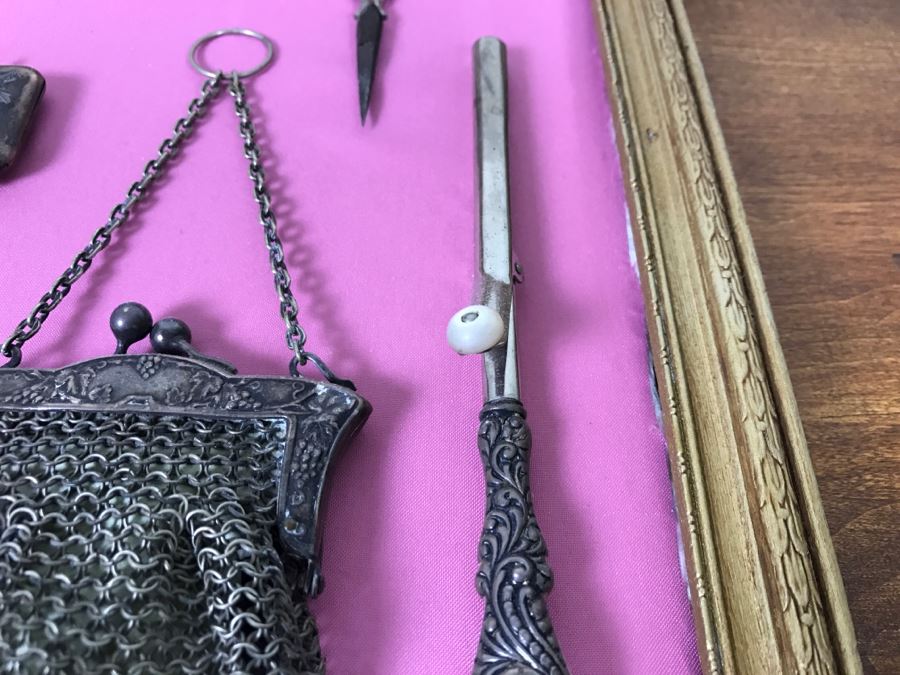 Nicely Framed Collection Of Vintage Women's Items Including Mesh Purse, Vintage Curling Iron And Letter Opener [Photo 5]