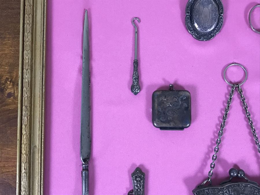 Nicely Framed Collection Of Vintage Women's Items Including Mesh Purse, Vintage Curling Iron And Letter Opener [Photo 12]