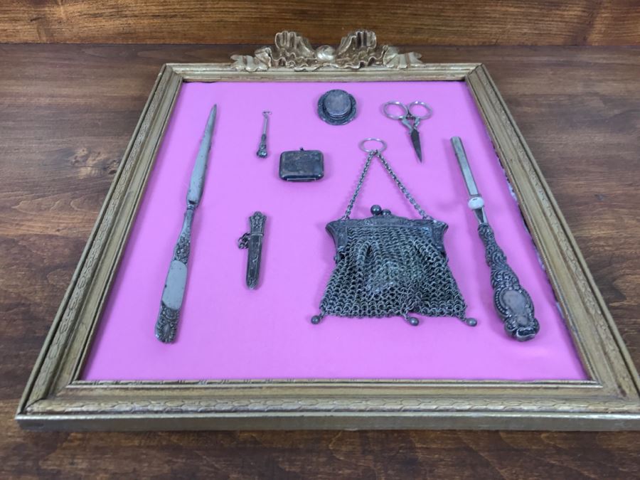 Nicely Framed Collection Of Vintage Women's Items Including Mesh Purse, Vintage Curling Iron And Letter Opener [Photo 13]