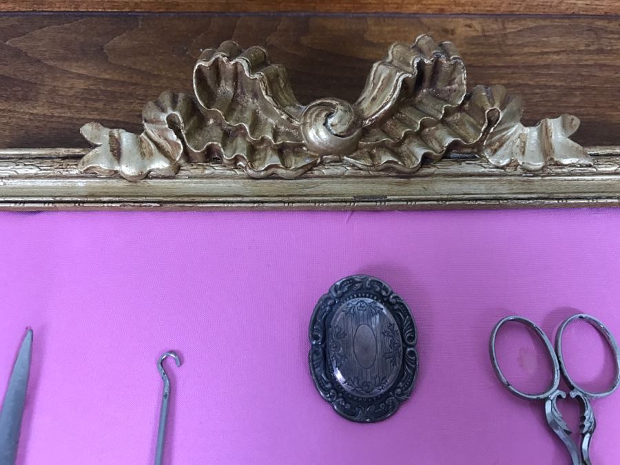 Nicely Framed Collection Of Vintage Women's Items Including Mesh Purse, Vintage Curling Iron And Letter Opener [Photo 15]