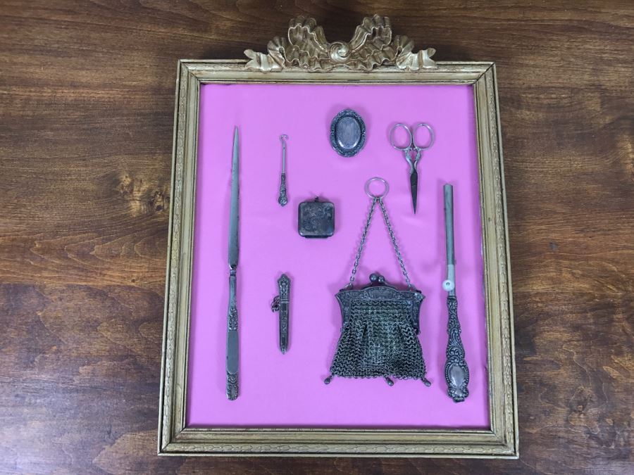 Nicely Framed Collection Of Vintage Women's Items Including Mesh Purse, Vintage Curling Iron And Letter Opener