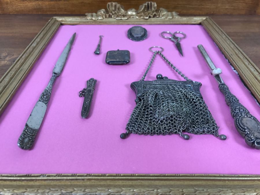 Nicely Framed Collection Of Vintage Women's Items Including Mesh Purse, Vintage Curling Iron And Letter Opener [Photo 14]